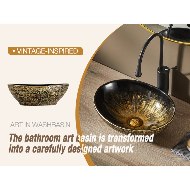 Vintage Gold Oval Ceramic Above-Counter Vessel Sink