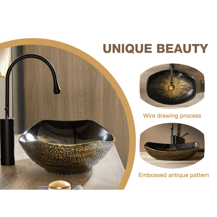 MEJE 16'' Black and Gold Ceramic Oval Bathroom Sink
