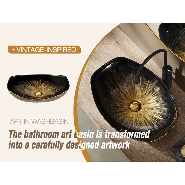 MEJE 16'' Black and Gold Ceramic Oval Bathroom Sink