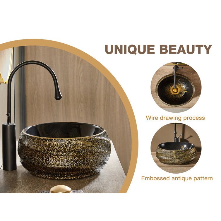 Antique Gold and Black Oval Ceramic Above-Counter Sink