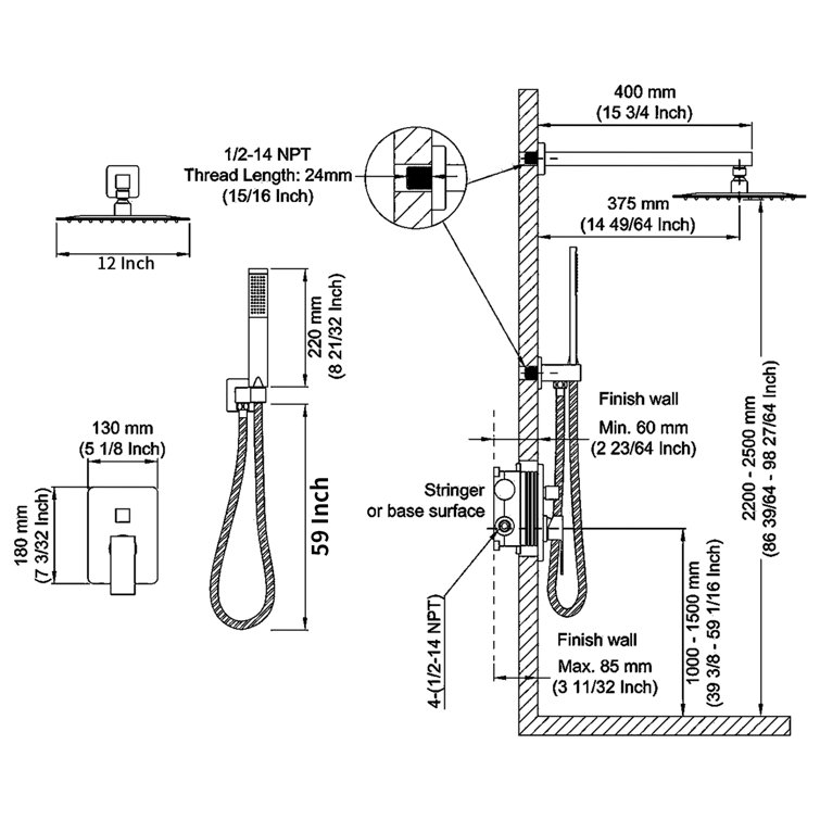 Brushed Gold 12" Wall Mount Shower System with Handheld Spray