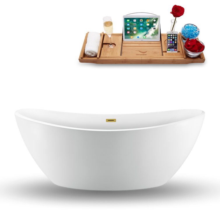 75" Glossy White Acrylic Freestanding Soaking Bathtub with Brushed Gold Trim