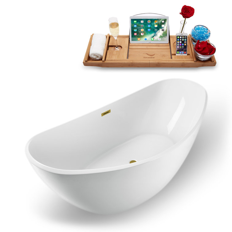 75" Glossy White Acrylic Freestanding Soaking Bathtub with Brushed Gold Trim