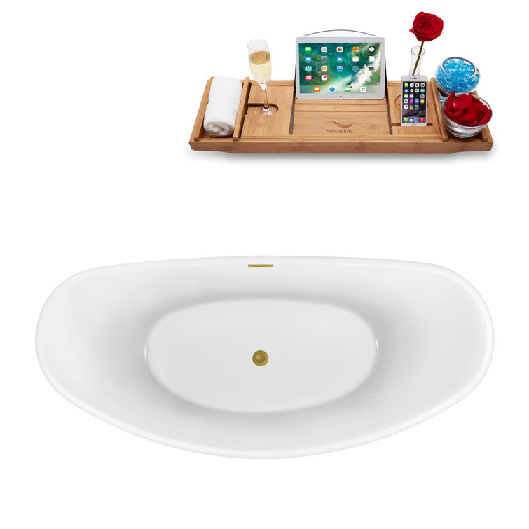 75" Glossy White Acrylic Freestanding Soaking Bathtub with Brushed Gold Trim