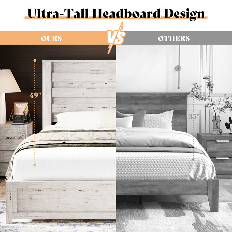 Distressed White Full Size Wood Platform Bed with Headboard