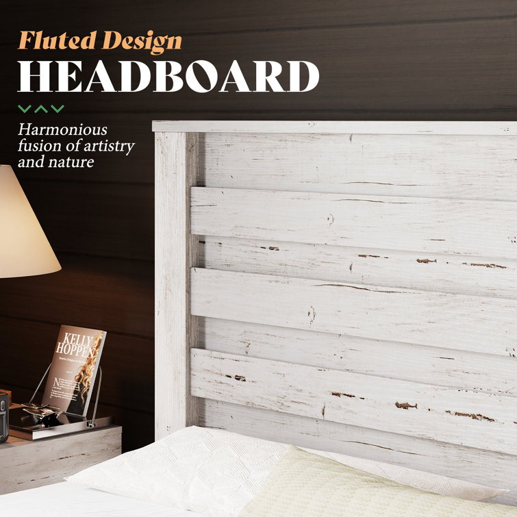 Distressed White Full Size Wood Platform Bed with Headboard