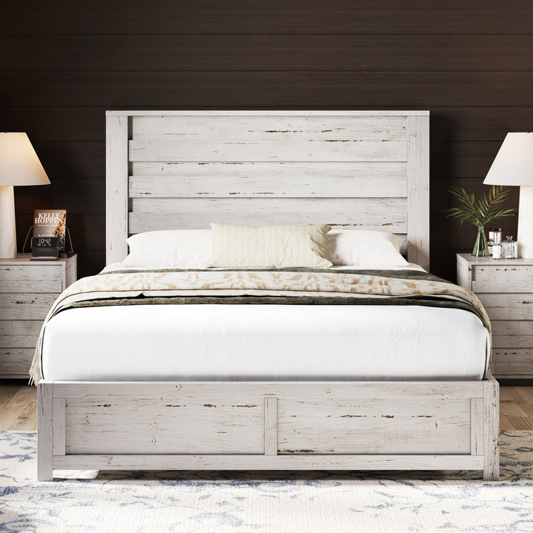Distressed White Full Size Wood Platform Bed with Headboard