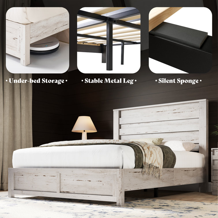 Distressed White Full Size Wood Platform Bed with Headboard