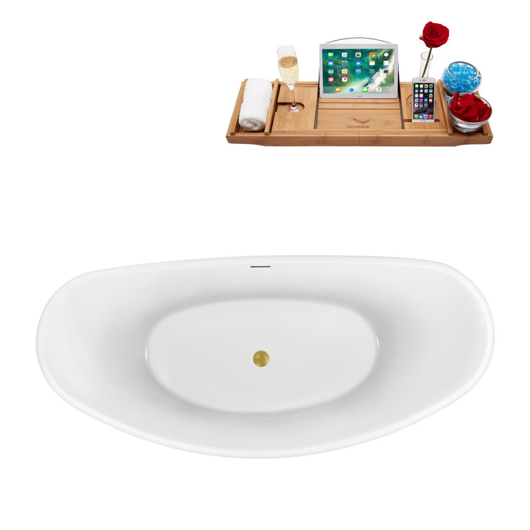 63'' Glossy White Acrylic Freestanding Soaking Tub with Brushed Gold Trim