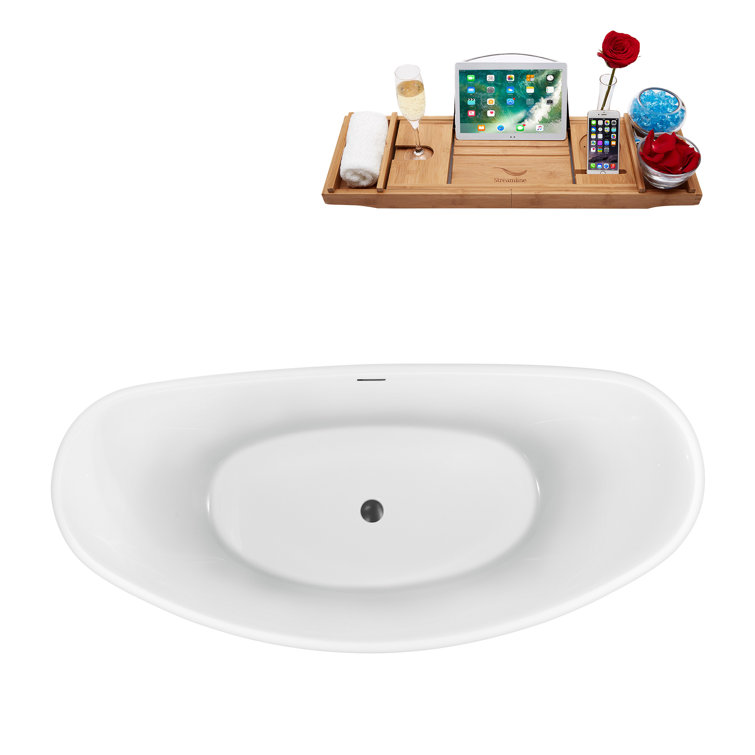 63'' White Acrylic Freestanding Soaking Bathtub with Bamboo Tray