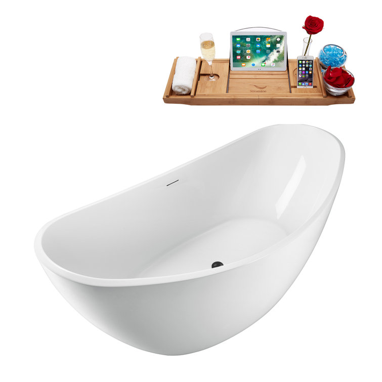 63'' White Acrylic Freestanding Soaking Bathtub with Bamboo Tray