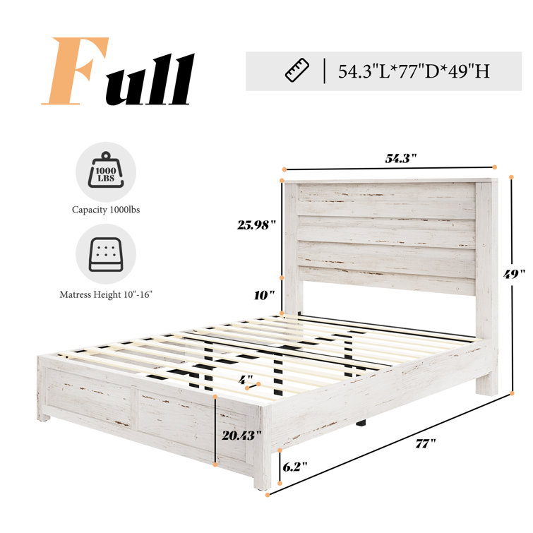 Distressed White Full Size Wood Platform Bed with Headboard