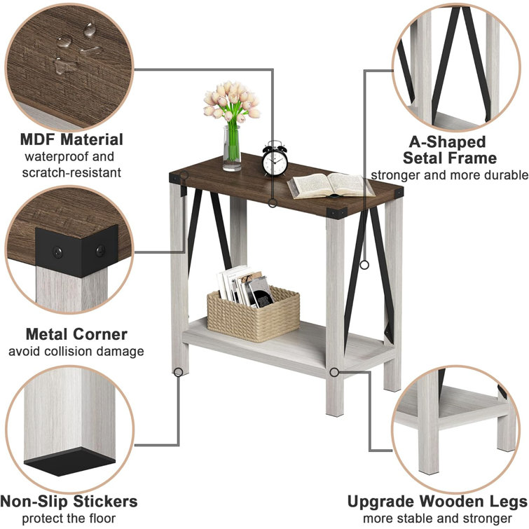 White and Brown Farmhouse Rectangular End Table Set with Storage Shelf