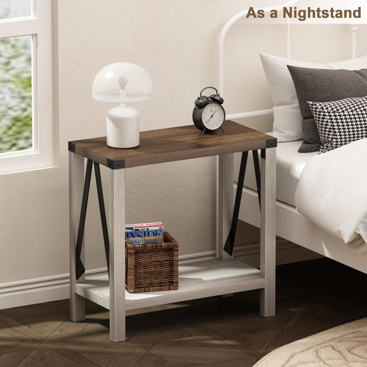 White and Brown Farmhouse Rectangular End Table Set with Storage Shelf