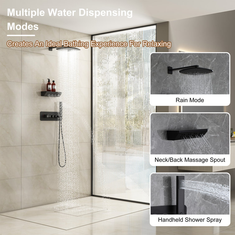 Matte Black Wall Mounted Shower System with Rainfall and Neck Massage