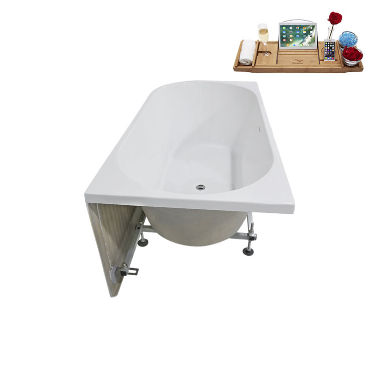 59'' Glossy White Freestanding Acrylic Soaking Bathtub with Chrome Drain