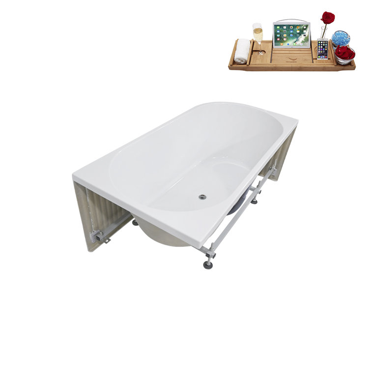 59'' Glossy White Freestanding Acrylic Soaking Bathtub with Chrome Drain