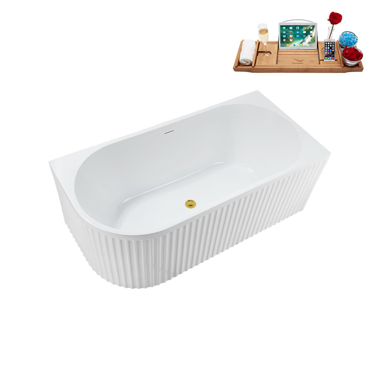 59'' Glossy White Acrylic Freestanding Soaking Bathtub with Polished Gold Drain