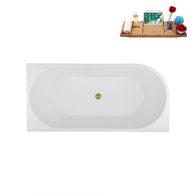 59'' Glossy White Acrylic Freestanding Soaking Bathtub with Polished Gold Drain