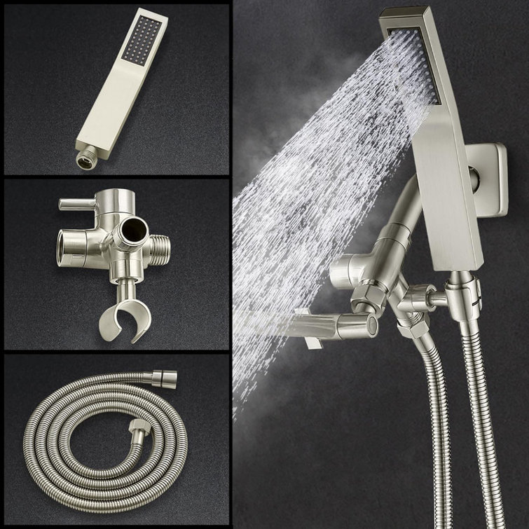Brushed Nickel Dual Square Rain Shower Head with Handheld Wand