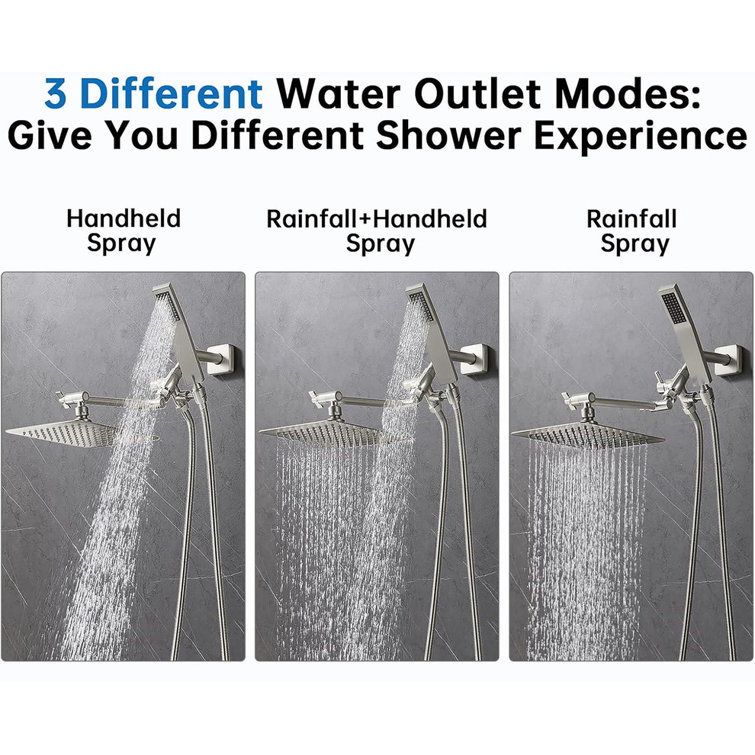 Brushed Nickel Dual Square Rain Shower Head with Handheld Wand