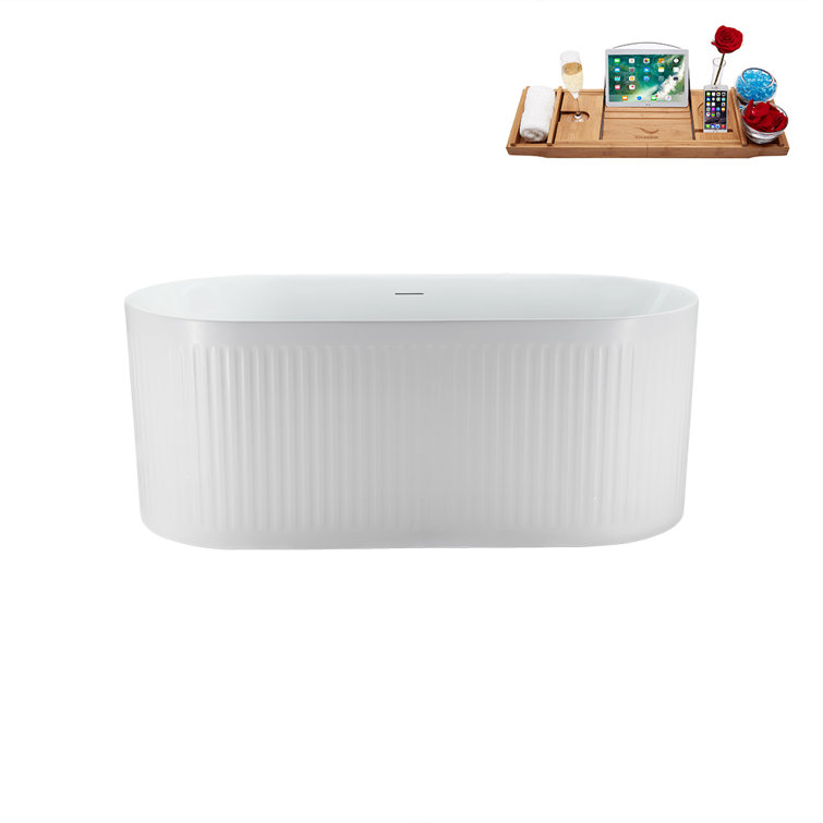 59'' Glossy White Acrylic Freestanding Soaking Bathtub with Brushed GunMetal Drain