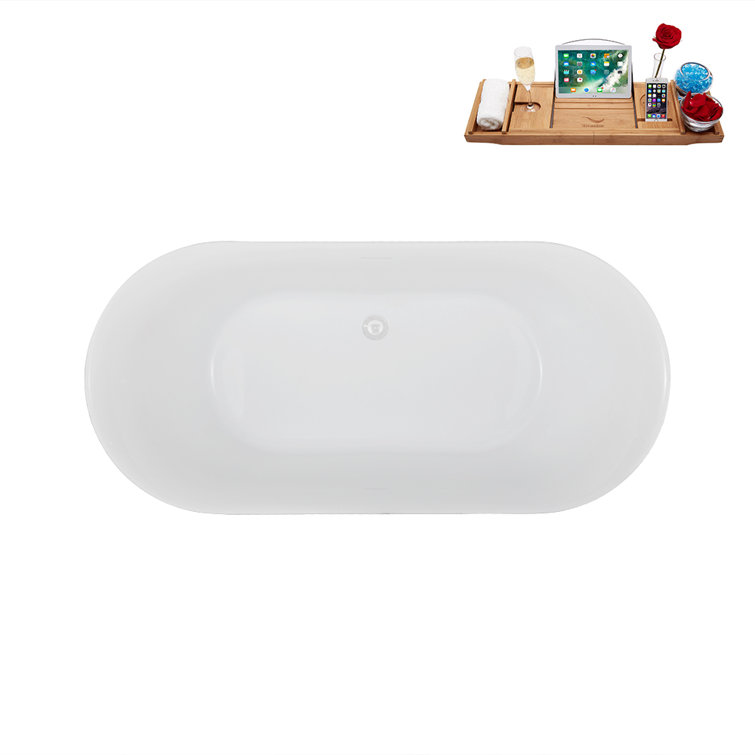 59'' White Acrylic Freestanding Soaking Bathtub with Tray
