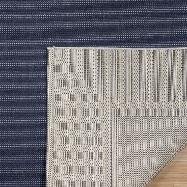 Navy and Gray Striped Polypropylene Indoor Outdoor Area Rug 9x13