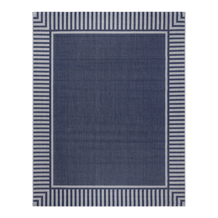 Navy and Gray Striped Polypropylene Indoor Outdoor Area Rug 9x13