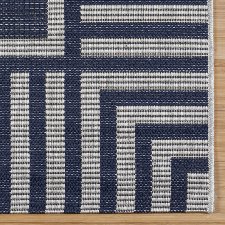 Navy and Gray Striped Polypropylene Indoor Outdoor Area Rug 9x13