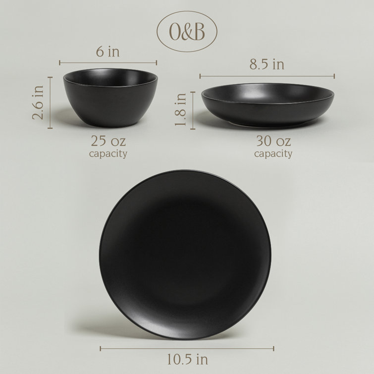 Black Ceramic 12-Piece Round Dinnerware Set, Service for 4