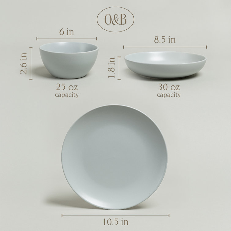 Fog Blue Ceramic 12-Piece Rectangular Dinnerware Set, Service for 4