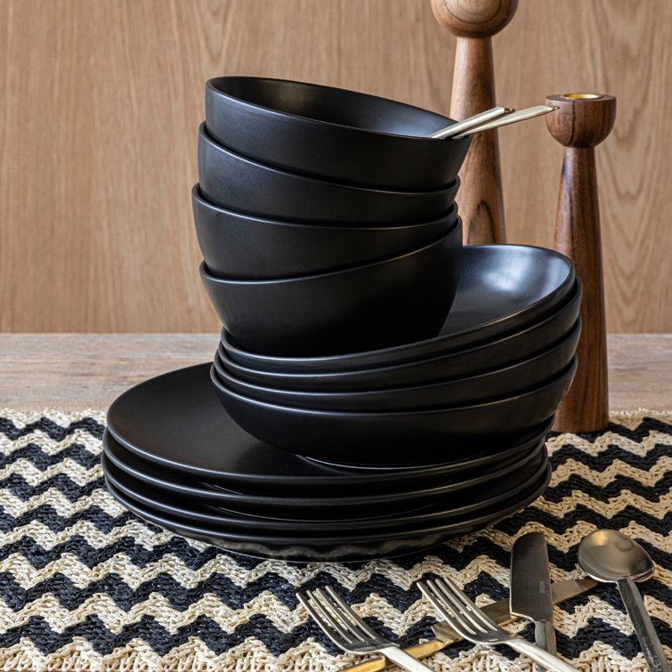 Black Ceramic 12-Piece Round Dinnerware Set, Service for 4