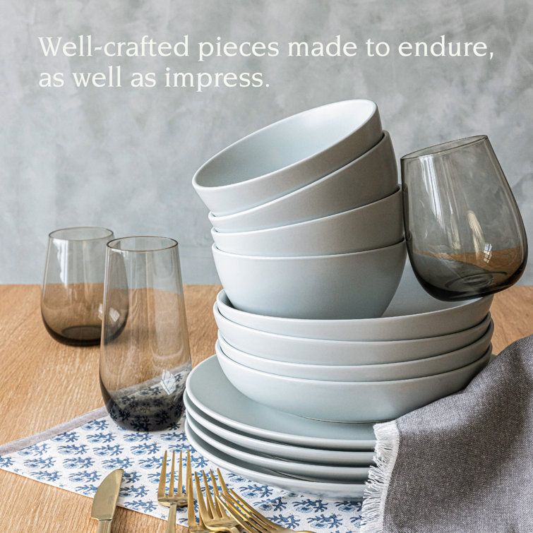Fog Blue Ceramic 12-Piece Rectangular Dinnerware Set, Service for 4