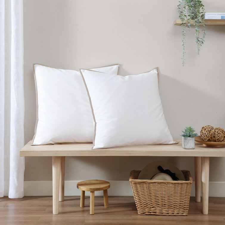 White Cotton Euro Shams with Beige Trim, 26" x 26", Set of 2