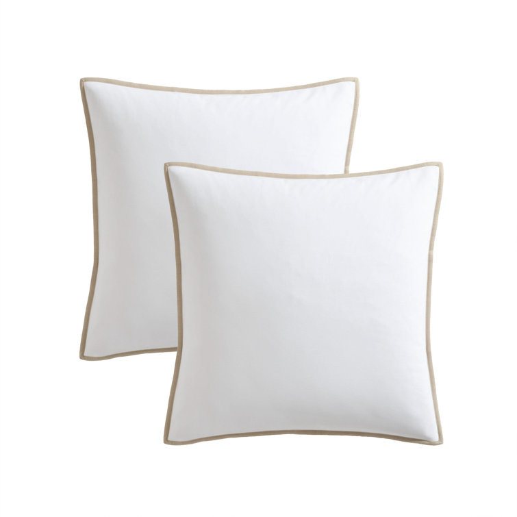 White Cotton Euro Shams with Beige Trim, 26" x 26", Set of 2