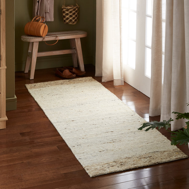 Ivory Beige Handcrafted Wool Runner Rug with Cotton Backing