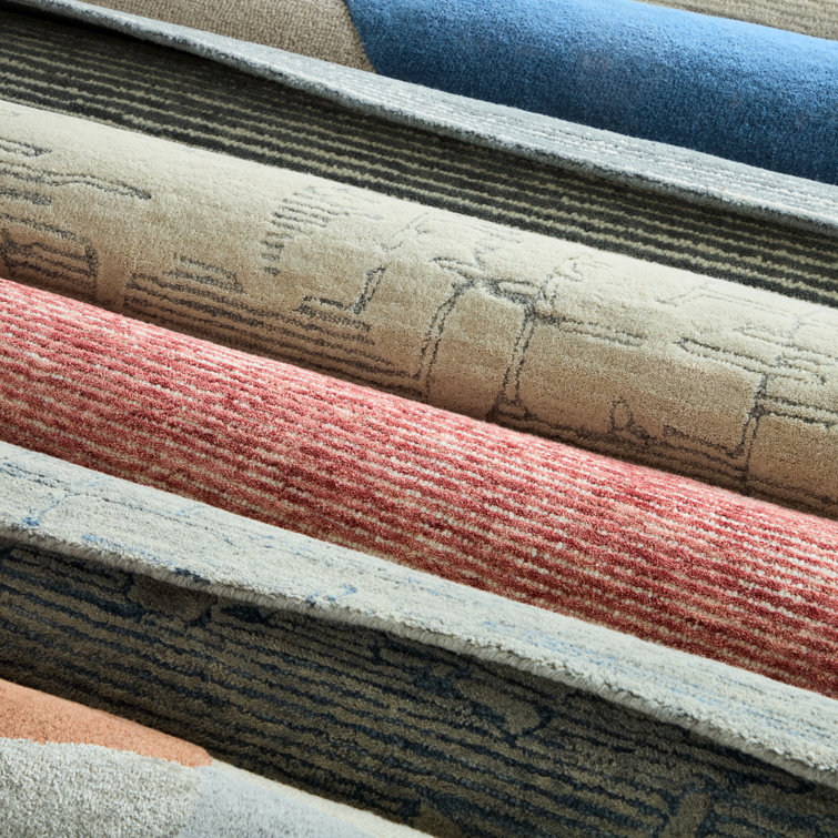 Beige and Blue Abstract Wool and Viscose 6' x 9' Rug