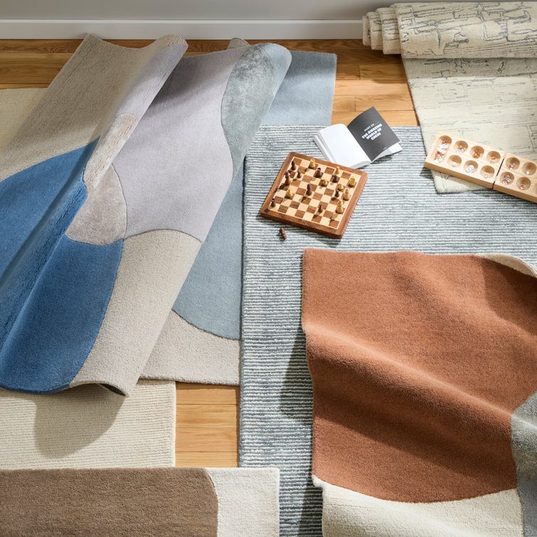 Beige and Blue Abstract Wool and Viscose 6' x 9' Rug