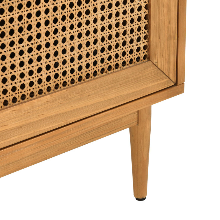 Natural Brown Pine Wood 2-Door Cane Accent Cabinet