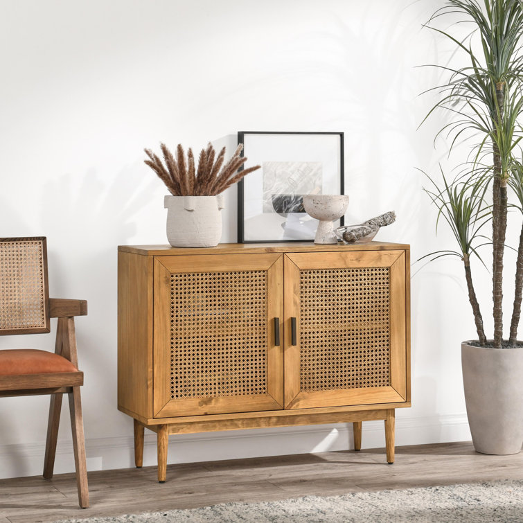 Natural Brown Pine Wood 2-Door Cane Accent Cabinet