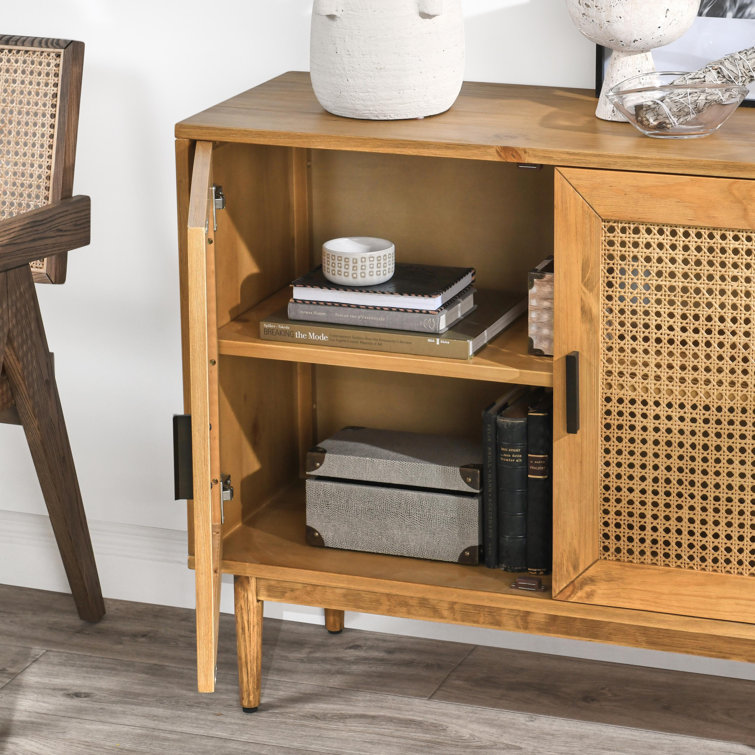 Natural Brown Pine Wood 2-Door Cane Accent Cabinet