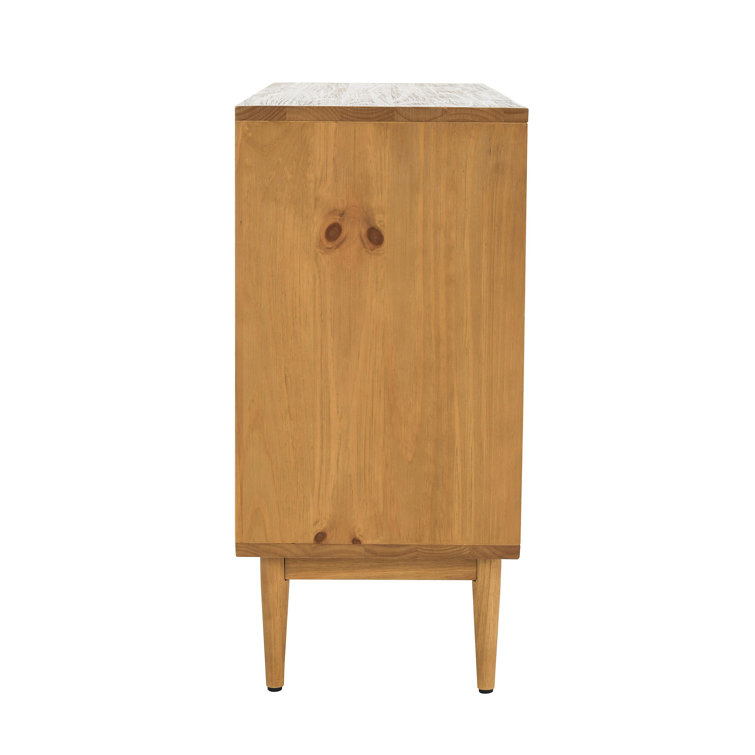 Natural Brown Pine Wood 2-Door Cane Accent Cabinet