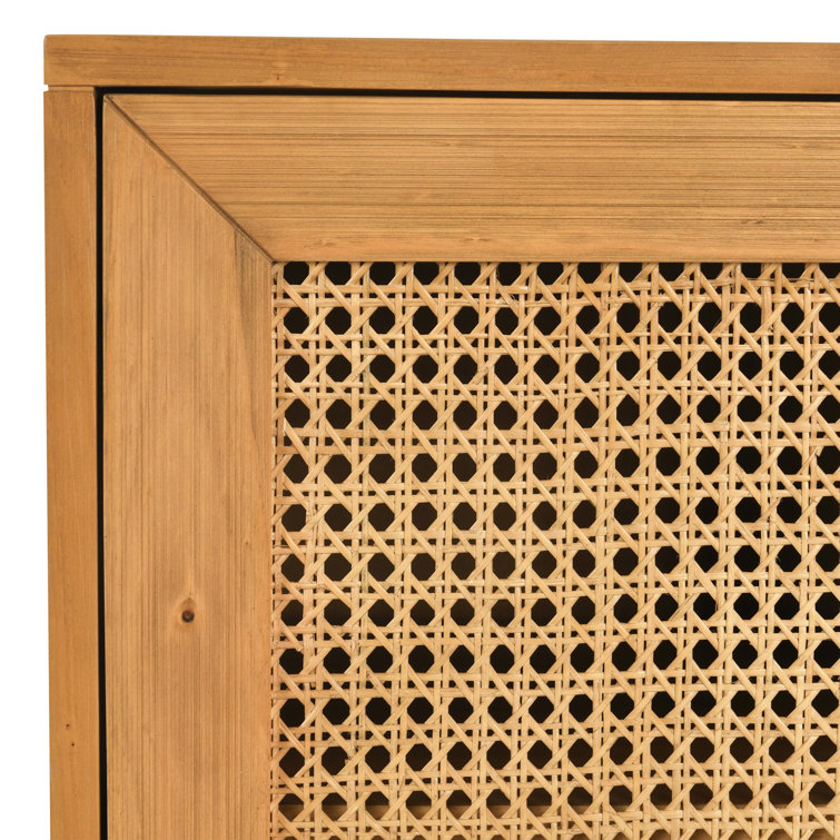 Natural Brown Pine Wood 2-Door Cane Accent Cabinet