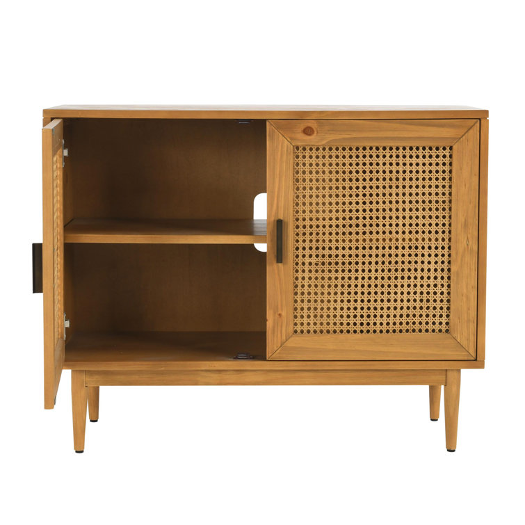 Natural Brown Pine Wood 2-Door Cane Accent Cabinet