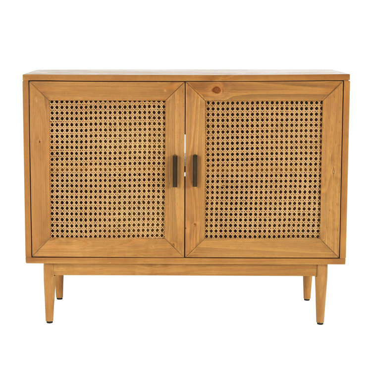 Natural Brown Pine Wood 2-Door Cane Accent Cabinet