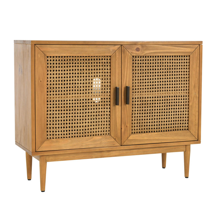 Natural Brown Pine Wood 2-Door Cane Accent Cabinet