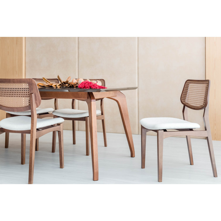 Rectangular Off-White Glass Top Dining Table with Nogal Wood Base