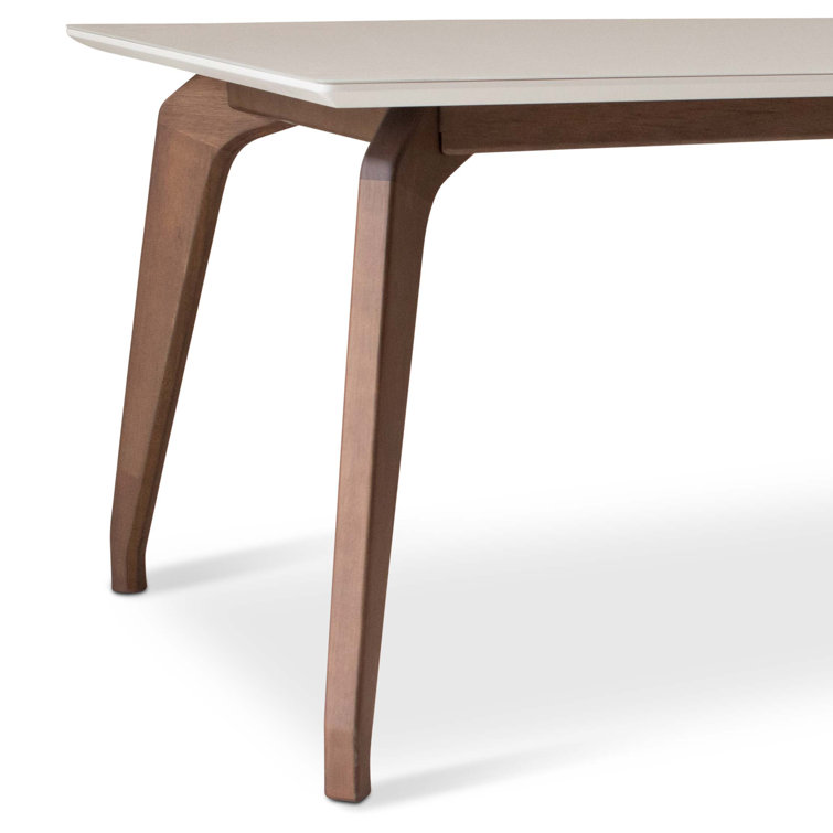 Rectangular Off-White Glass Top Dining Table with Nogal Wood Base