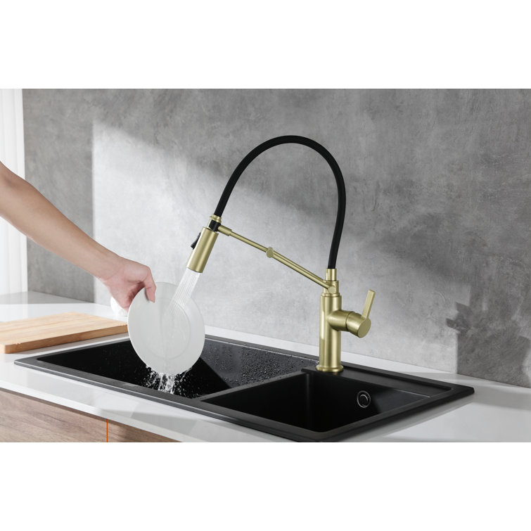 Brushed Gold Brass Low Arc Kitchen Faucet with Pull-out Spray